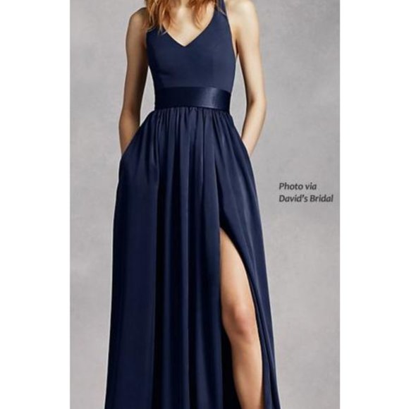 Vera Wang V Neck Halter Gown with Sash Midnight - Picture 1 of 4